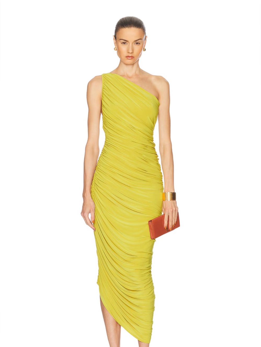 Norma Kamali One-Shoulder Ruched Midi Dress in Spring Green.